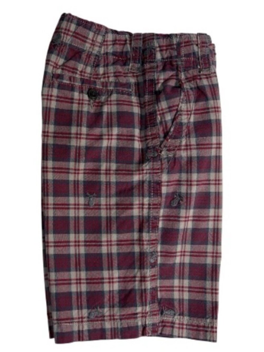 Gap Kids Embroidered Skull & Crossbones Shorts Boys 8 Red Gray Plaid 100% Cotton